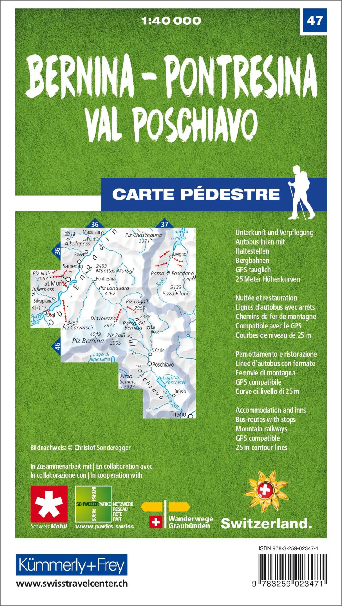 Rückseite: 9783259023471 | Kümmerly+Frey Wanderkarte 47 Bernina, Pontresina, Val Poschiavo...