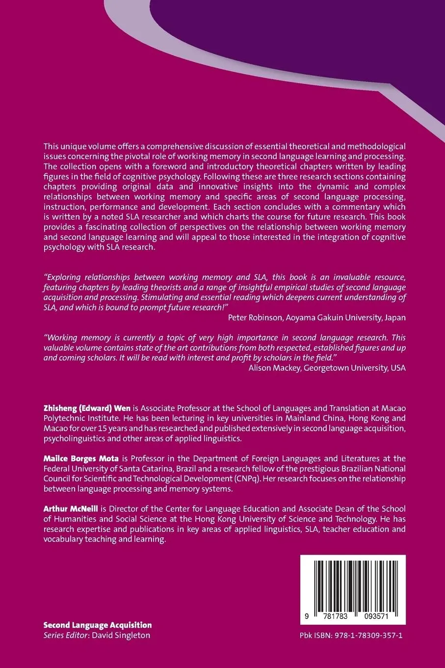 Rückseite: 9781783093571 | Working Memory in Second Language Acquisition and Processing | Buch