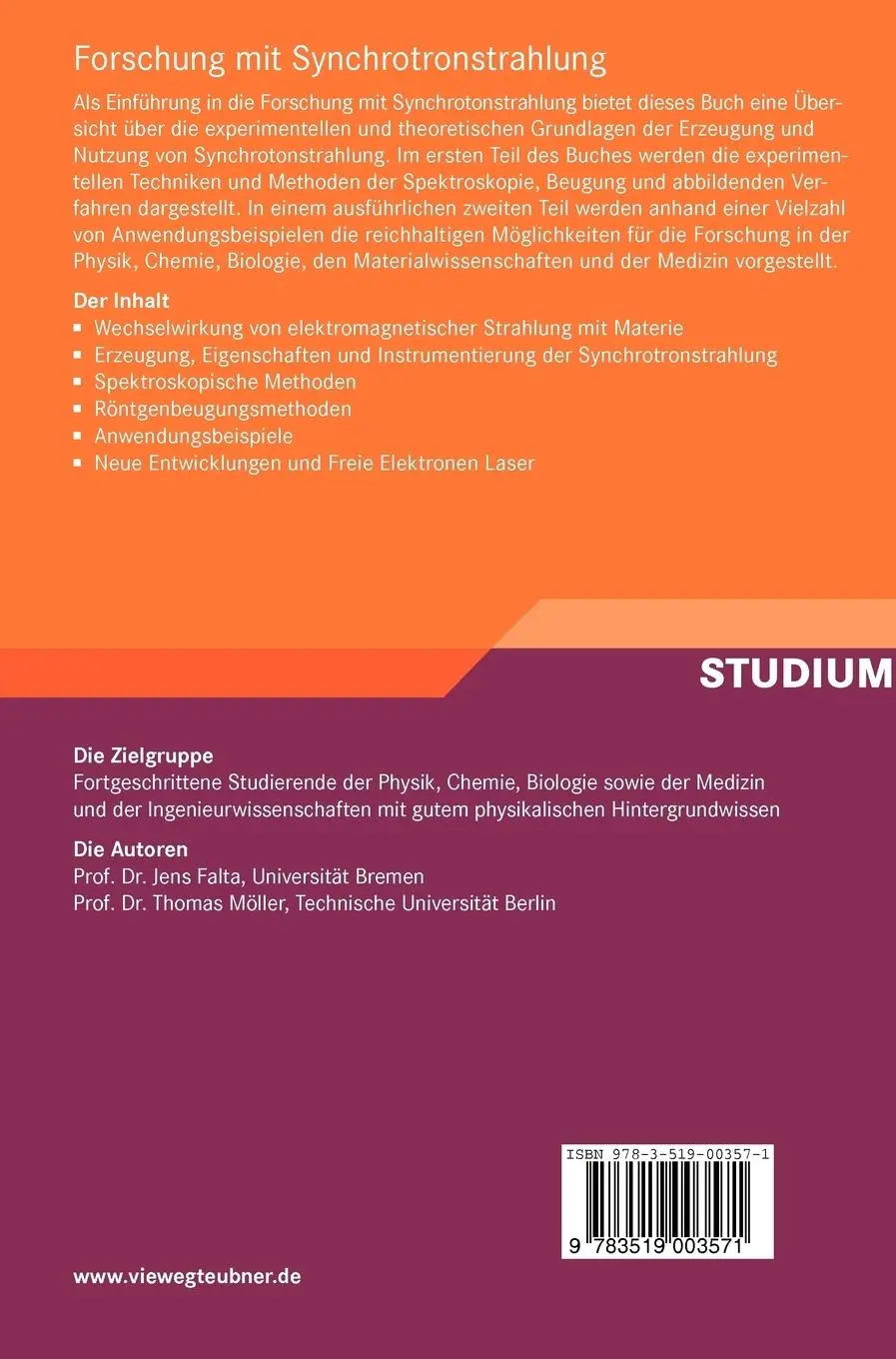 Rückseite: 9783519003571 | Forschung mit Synchrotronstrahlung | Jens Falta (u. a.) | Taschenbuch