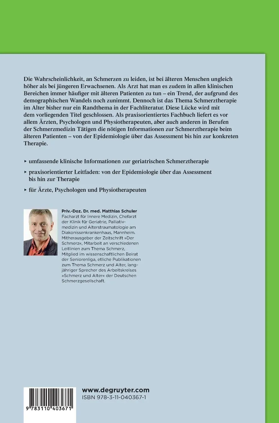 Rückseite: 9783110403671 | Schmerztherapie beim älteren Patienten | Matthias Schuler | Buch