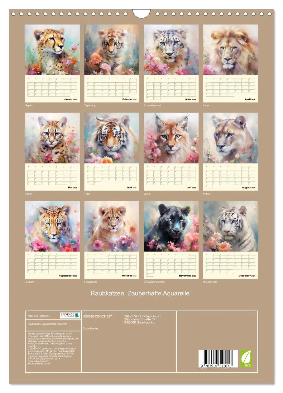 Bild: 9783516313871 | Raubkatzen. Zauberhafte Aquarelle (Wandkalender 2026 DIN A3 hoch),...