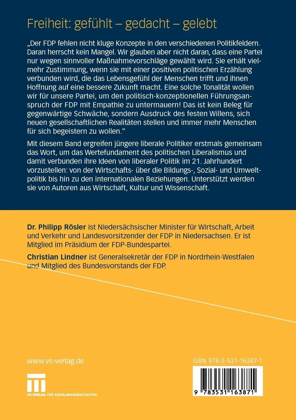 Rückseite: 9783531163871 | Freiheit: gefühlt - gedacht - gelebt | Christian Lindner (u. a.)