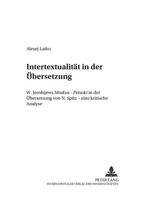 Cover: 9783631523971 | Intertextualität in der Übersetzung | Alexej Laiko | Taschenbuch