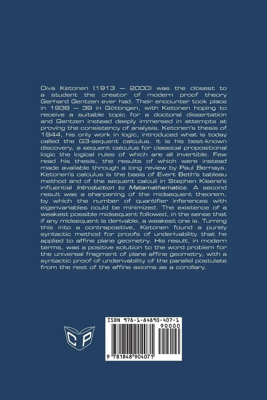 Rückseite: 9781848904071 | Investigations into the Predicate Calculus | Oiva Ketonen | Buch