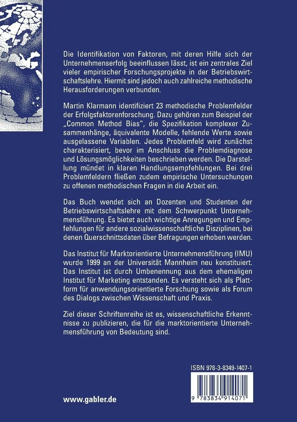 Rückseite: 9783834914071 | Methodische Problemfelder der Erfolgsfaktorenforschung | Klarmann | xx