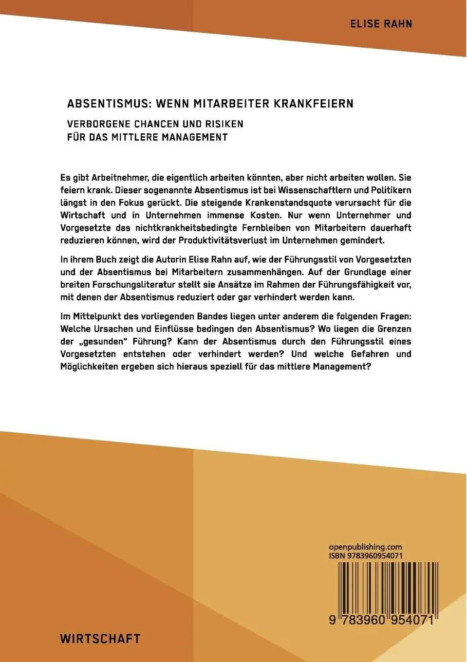 Rückseite: 9783960954071 | Absentismus: Wenn Mitarbeiter krankfeiern | Elise Rahn | Taschenbuch