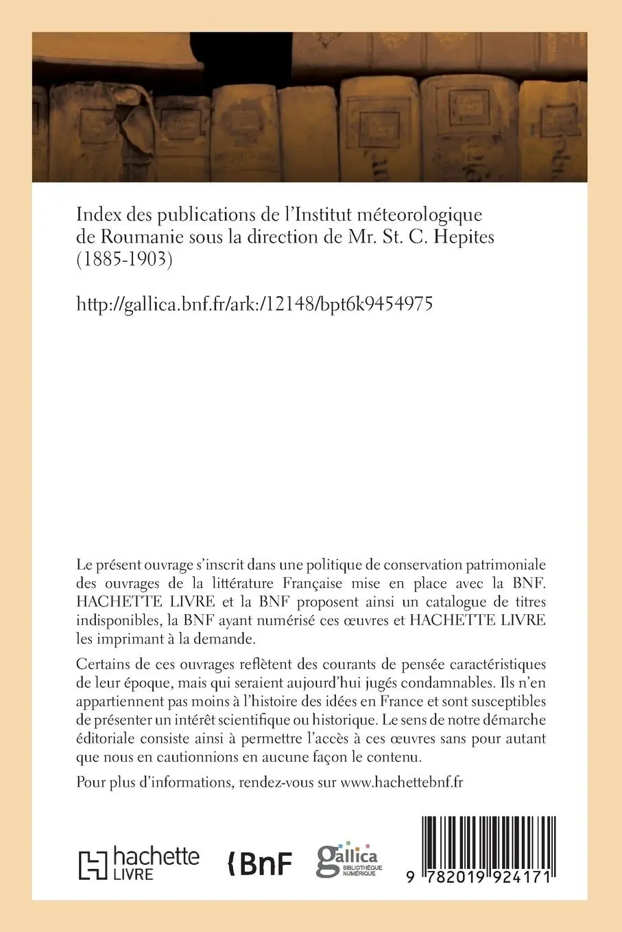 Rückseite: 9782019924171 | Index Des Publications de l'Institut Méteorologique de Roumanie:...