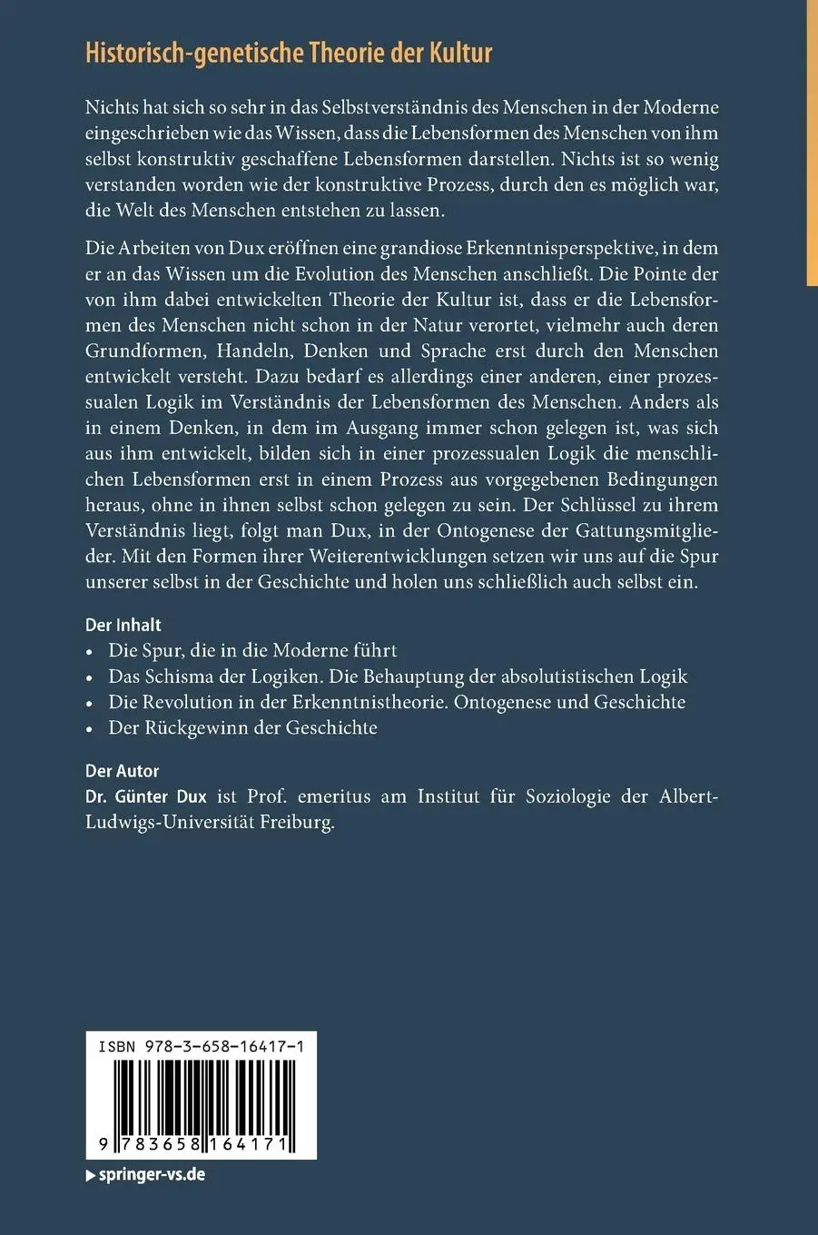 Rückseite: 9783658164171 | Historisch-genetische Theorie der Kultur | Günter Dux | Buch | xxi