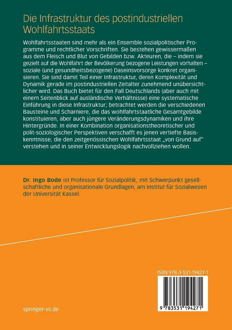 Rückseite: 9783531194271 | Die Infrastruktur des postindustriellen Wohlfahrtsstaats | Ingo Bode