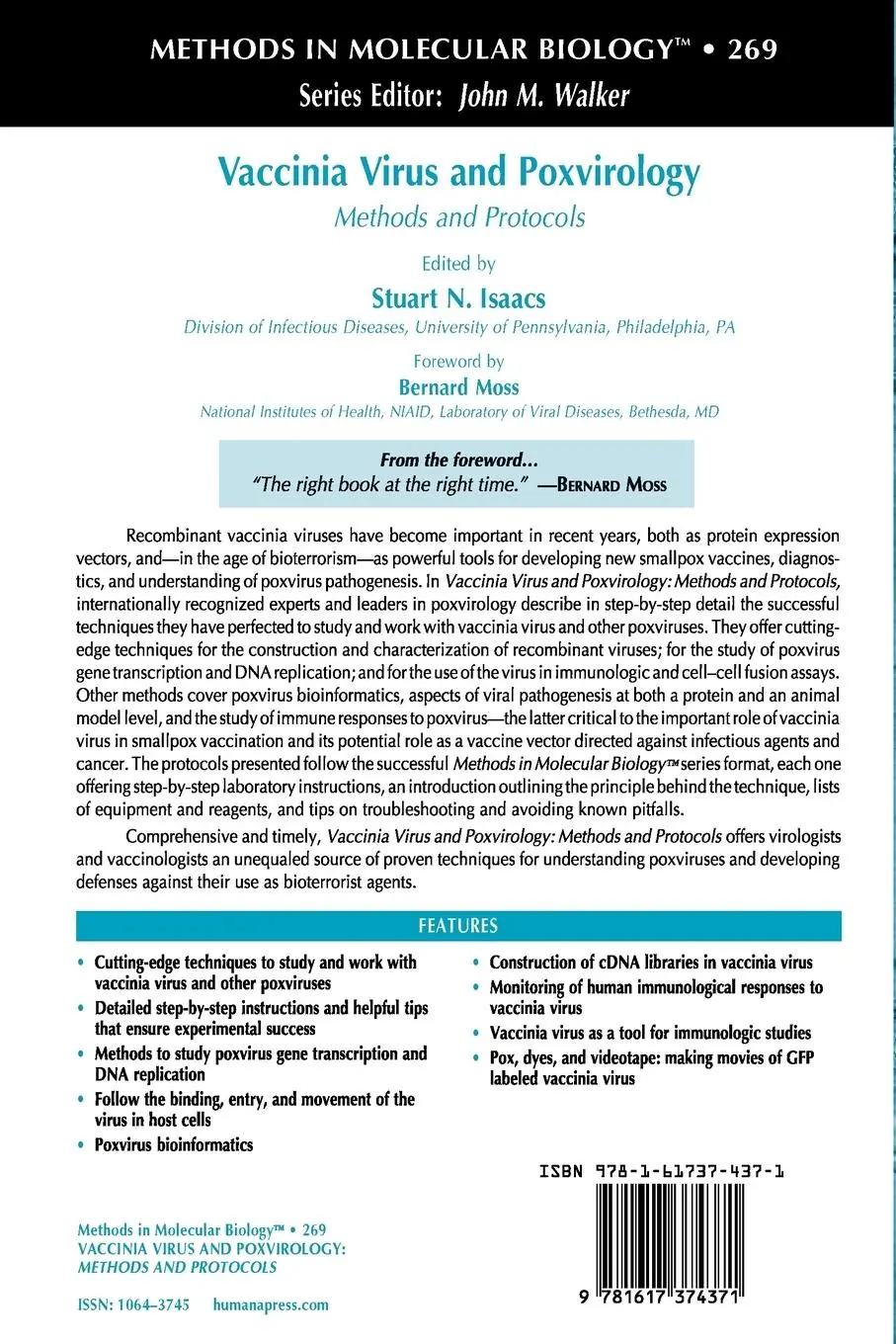 Rückseite: 9781617374371 | Vaccinia Virus and Poxvirology | Methods and Protocols | Isaacs | Buch