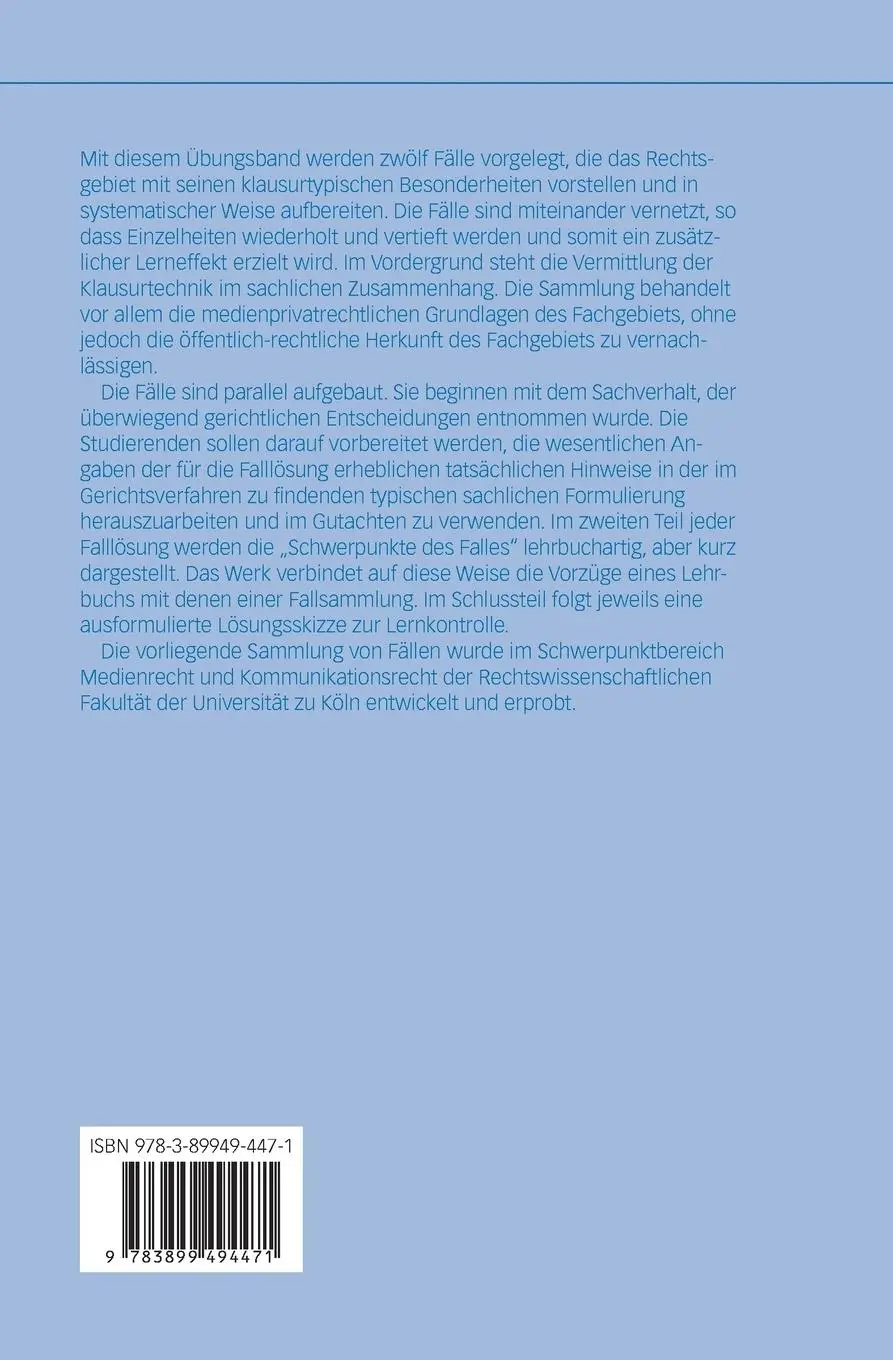 Rückseite: 9783899494471 | Übungen im Medienrecht | Tanja Dörre (u. a.) | Taschenbuch | Deutsch