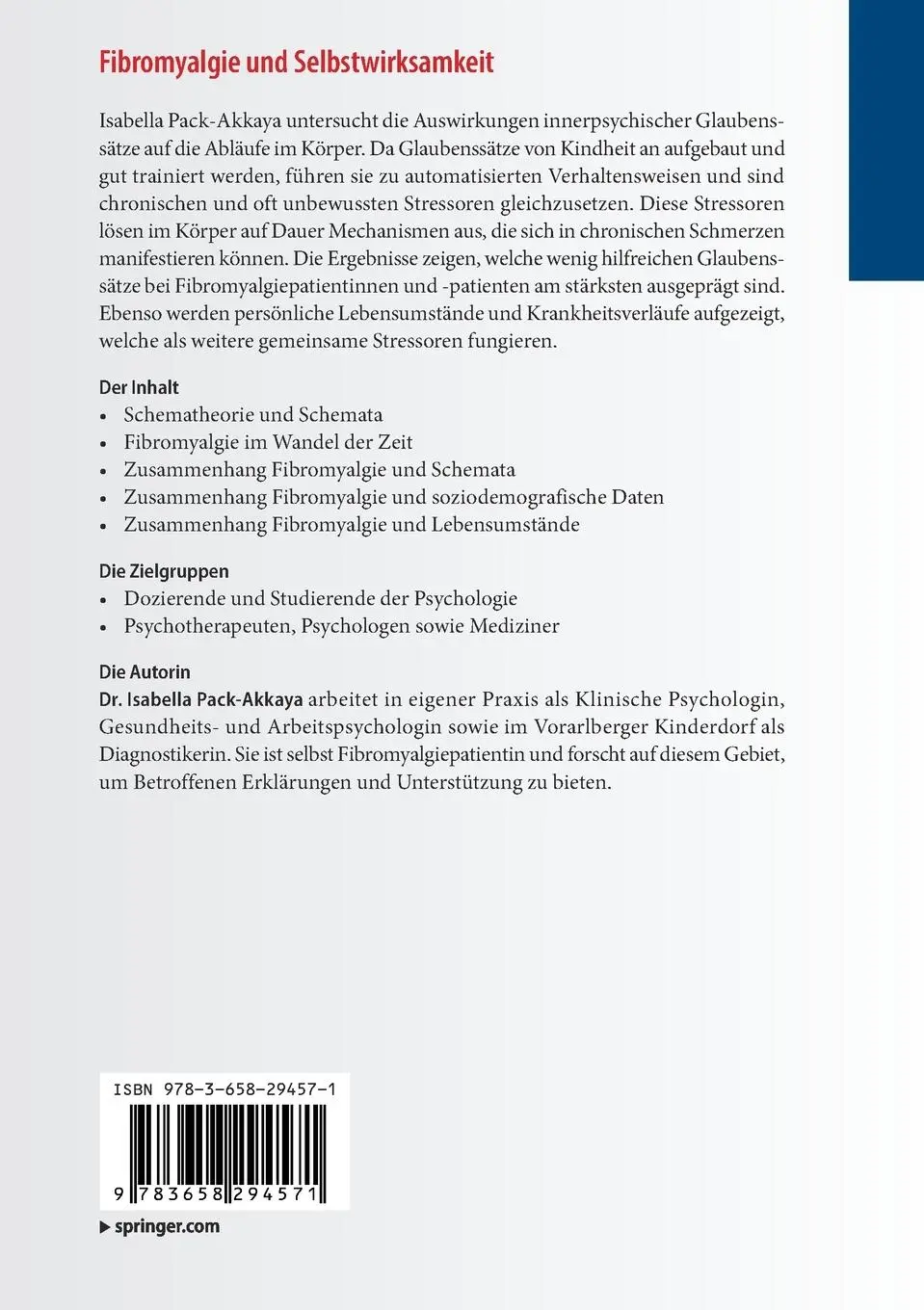 Rückseite: 9783658294571 | Fibromyalgie und Selbstwirksamkeit | Isabella Pack-Akkaya | Buch | vi