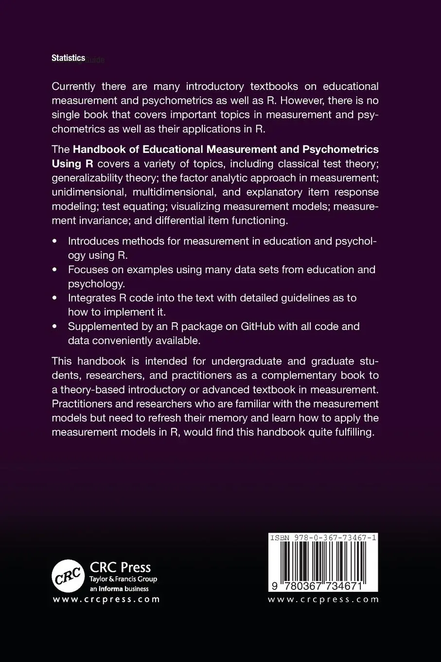 Rückseite: 9780367734671 | Handbook of Educational Measurement and Psychometrics Using R | Buch Rückseite: 9780367734671 | Handbook of Educational Measurement and Psychometrics Using R | Buch