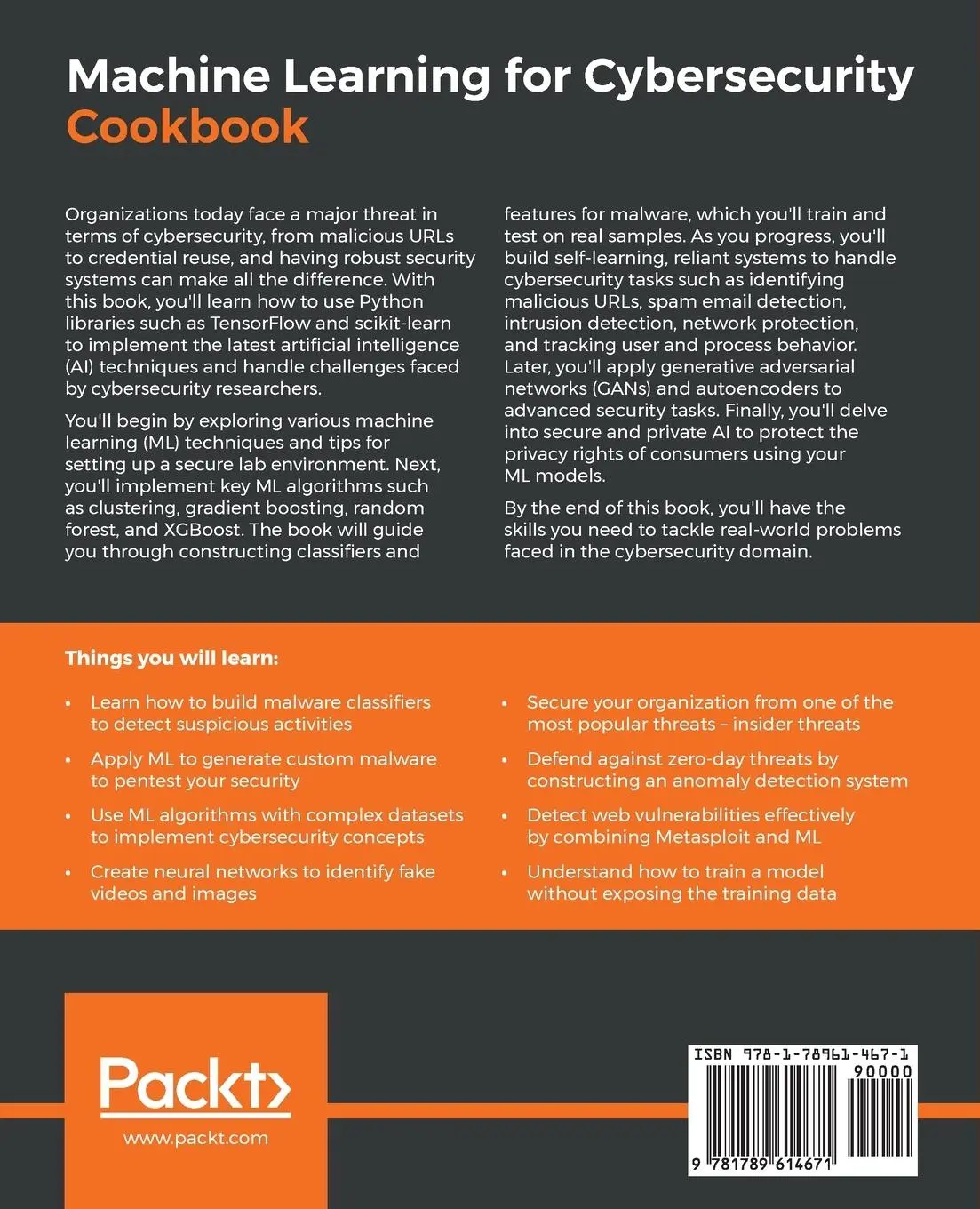 Rückseite: 9781789614671 | Machine Learning for Cybersecurity Cookbook | Emmanuel Tsukerman
