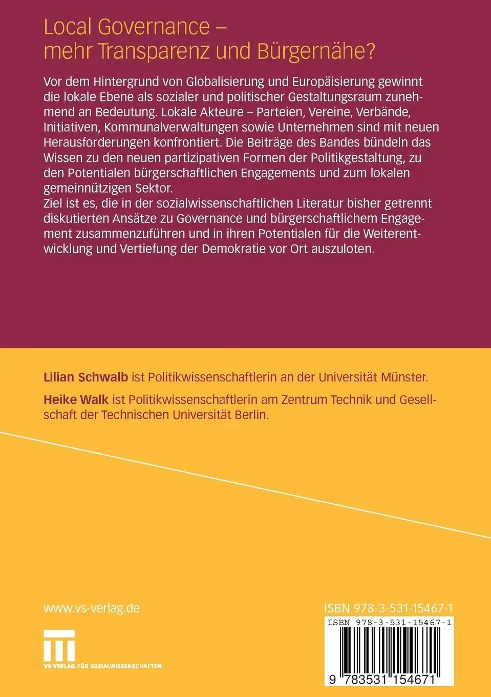 Rückseite: 9783531154671 | Local Governance - mehr Transparenz und Bürgernähe? | Schwalb (u. a.)