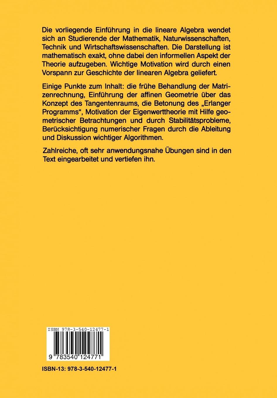 Rückseite: 9783540124771 | Lineare Algebra | W. D. Beiglböck | Taschenbuch | xxv | Deutsch | 1983