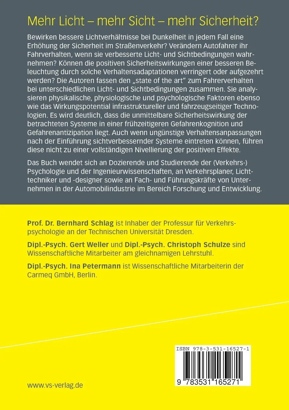 Rückseite: 9783531165271 | Mehr Licht - mehr Sicht - mehr Sicherheit? | Bernhard Schlag (u. a.)