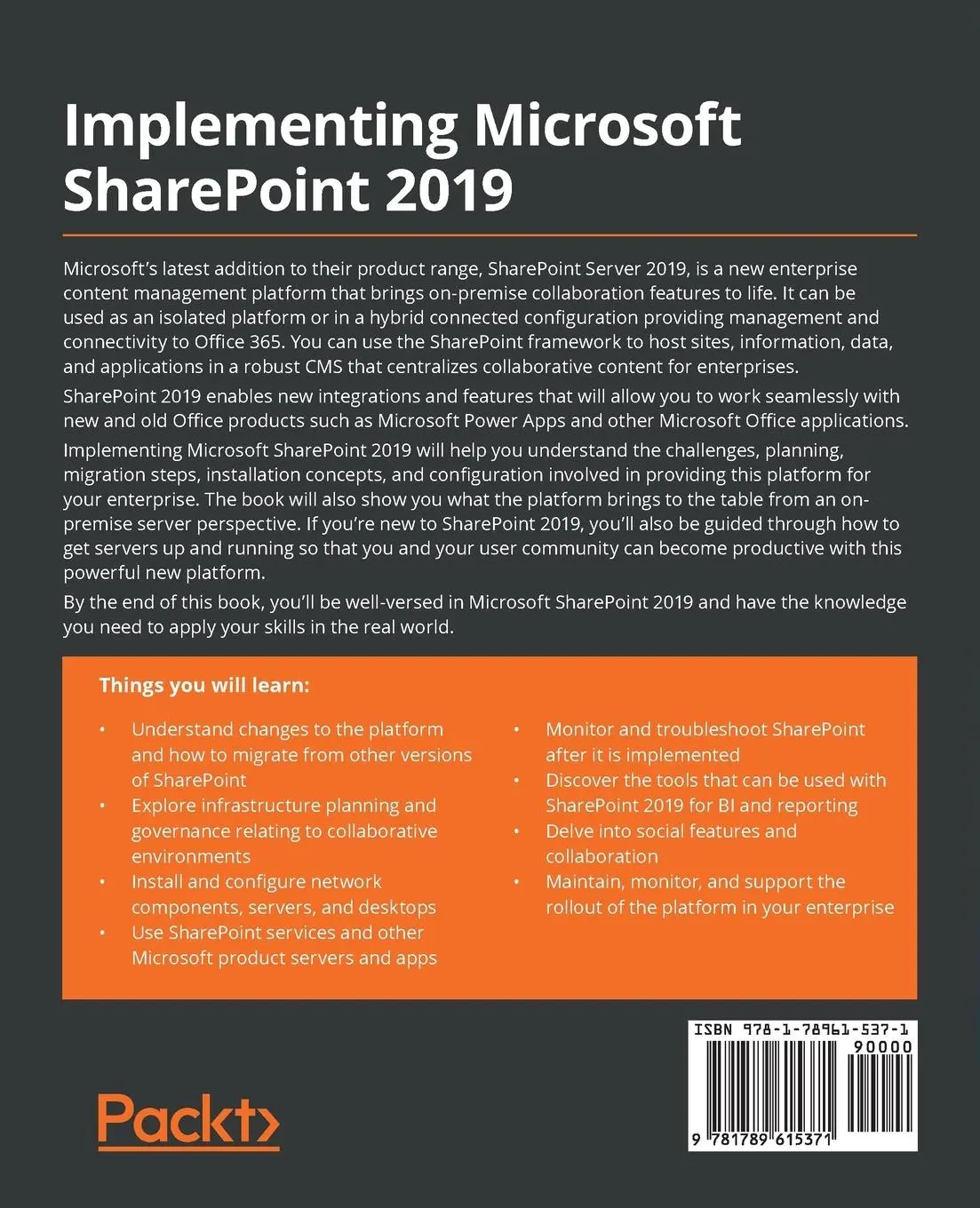 Rückseite: 9781789615371 | Implementing Microsoft SharePoint 2019 | Lewin Wanzer (u. a.) | Buch