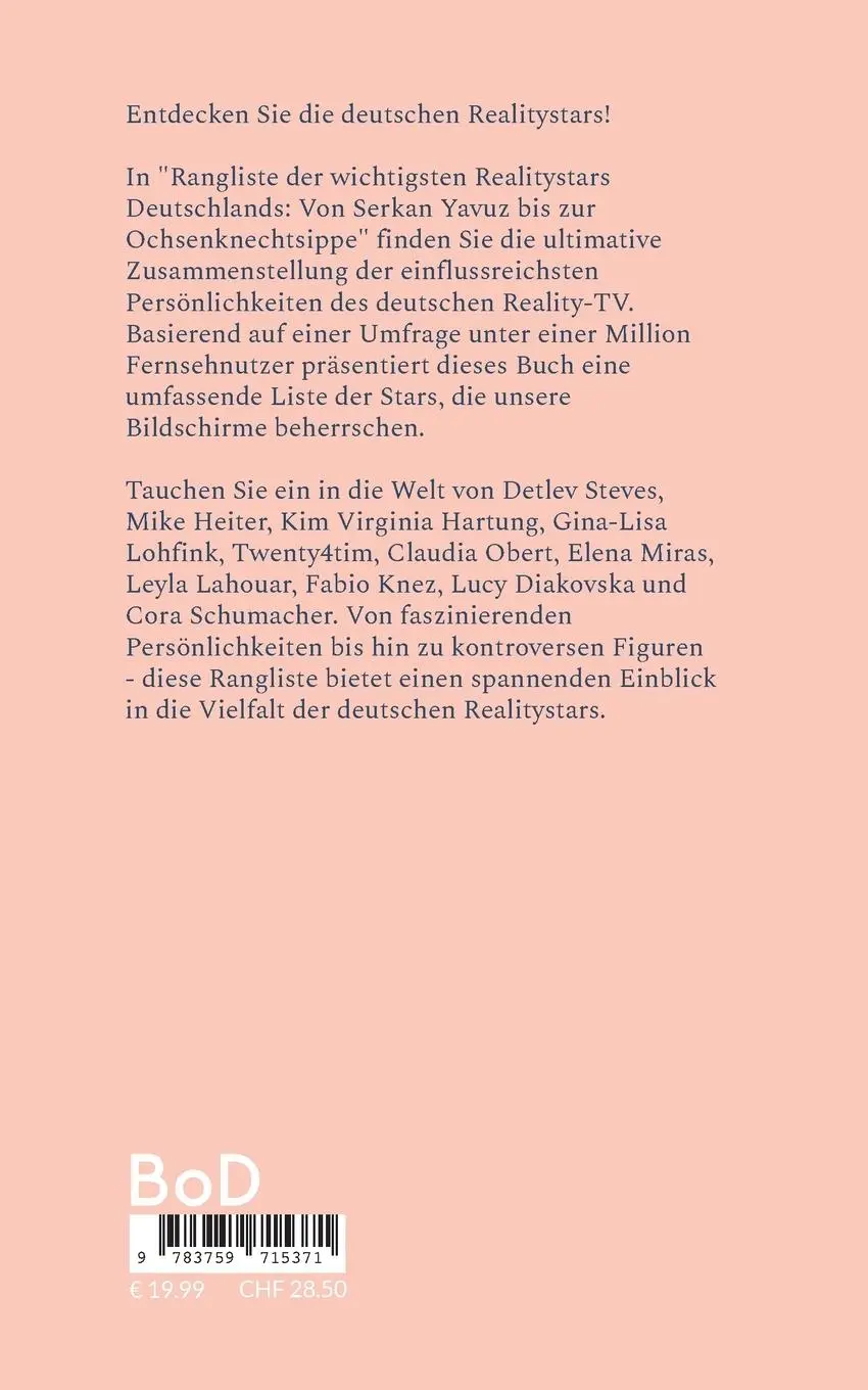 Rückseite: 9783759715371 | Rangliste der wichtigsten Realitystars Deutschlands | Moschdehner