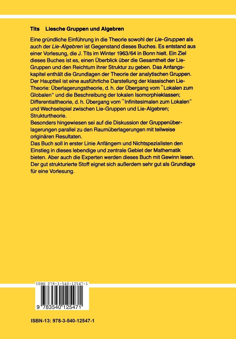 Rückseite: 9783540125471 | Liesche Gruppen und Algebren | J. Tits | Taschenbuch | xiv | Deutsch