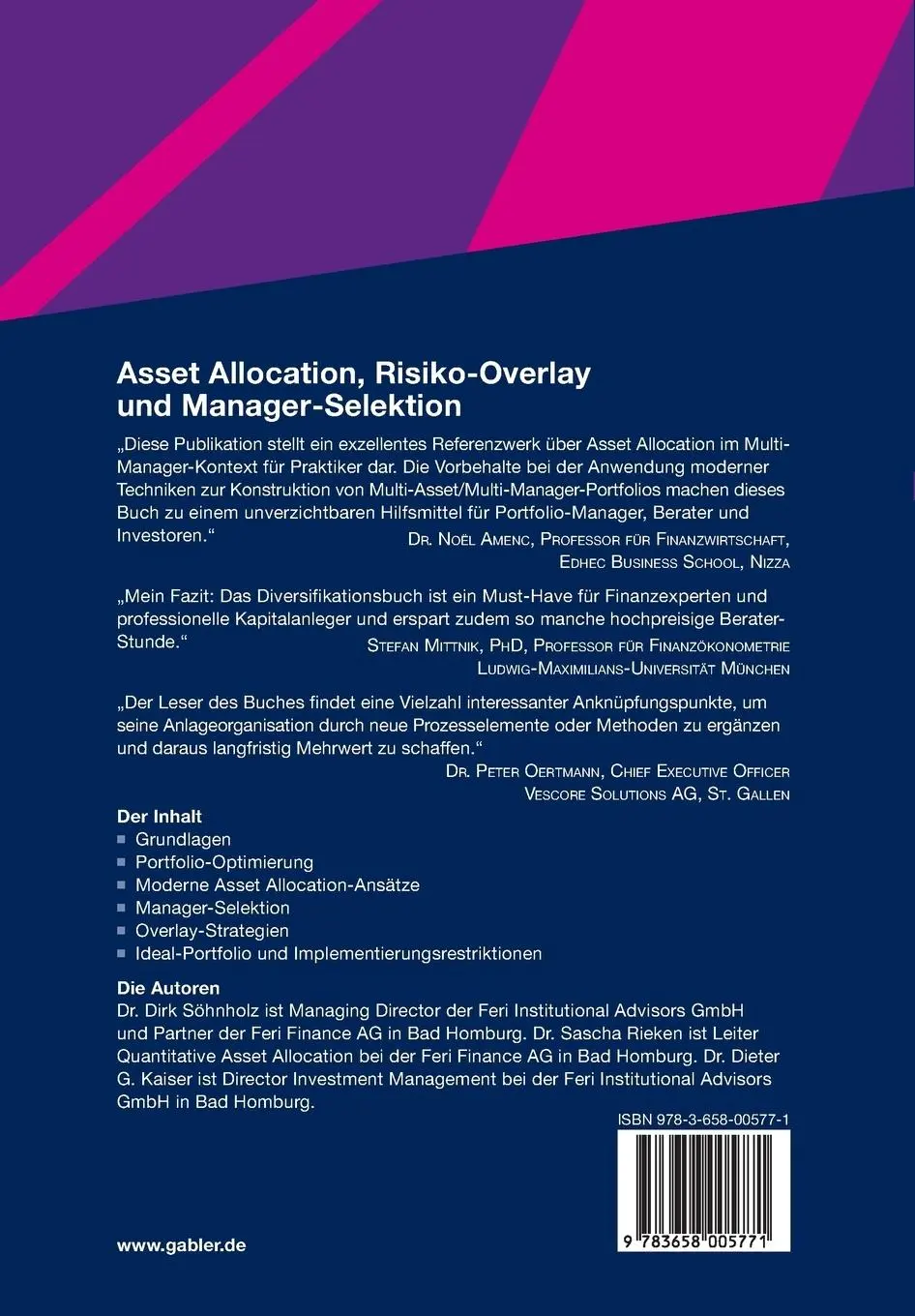 Rückseite: 9783658005771 | Asset Allocation, Risiko-Overlay und Manager-Selektion | Taschenbuch