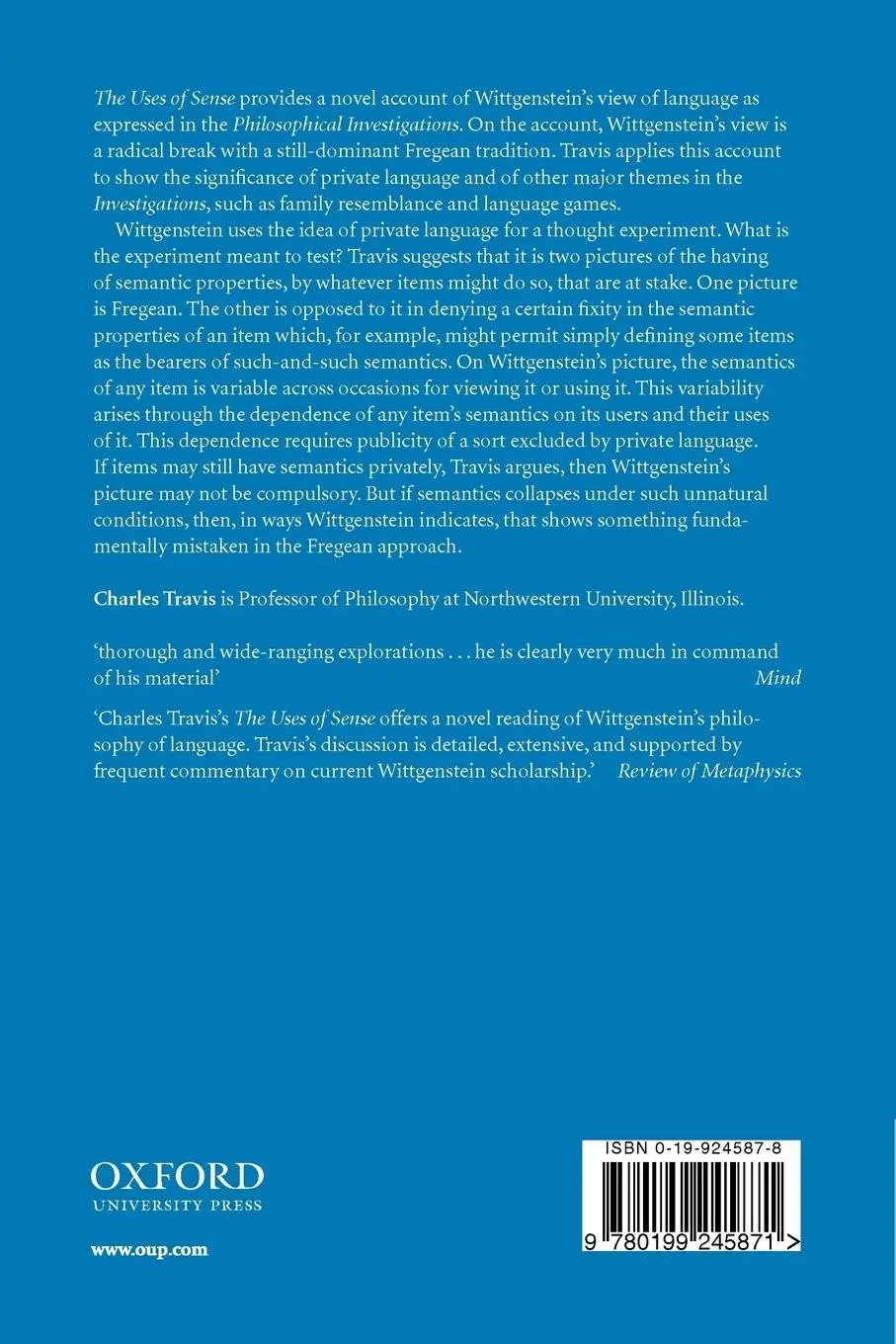 Rückseite: 9780199245871 | The Uses of Sense | Wittgenstein's Philosophy of Language | Travis