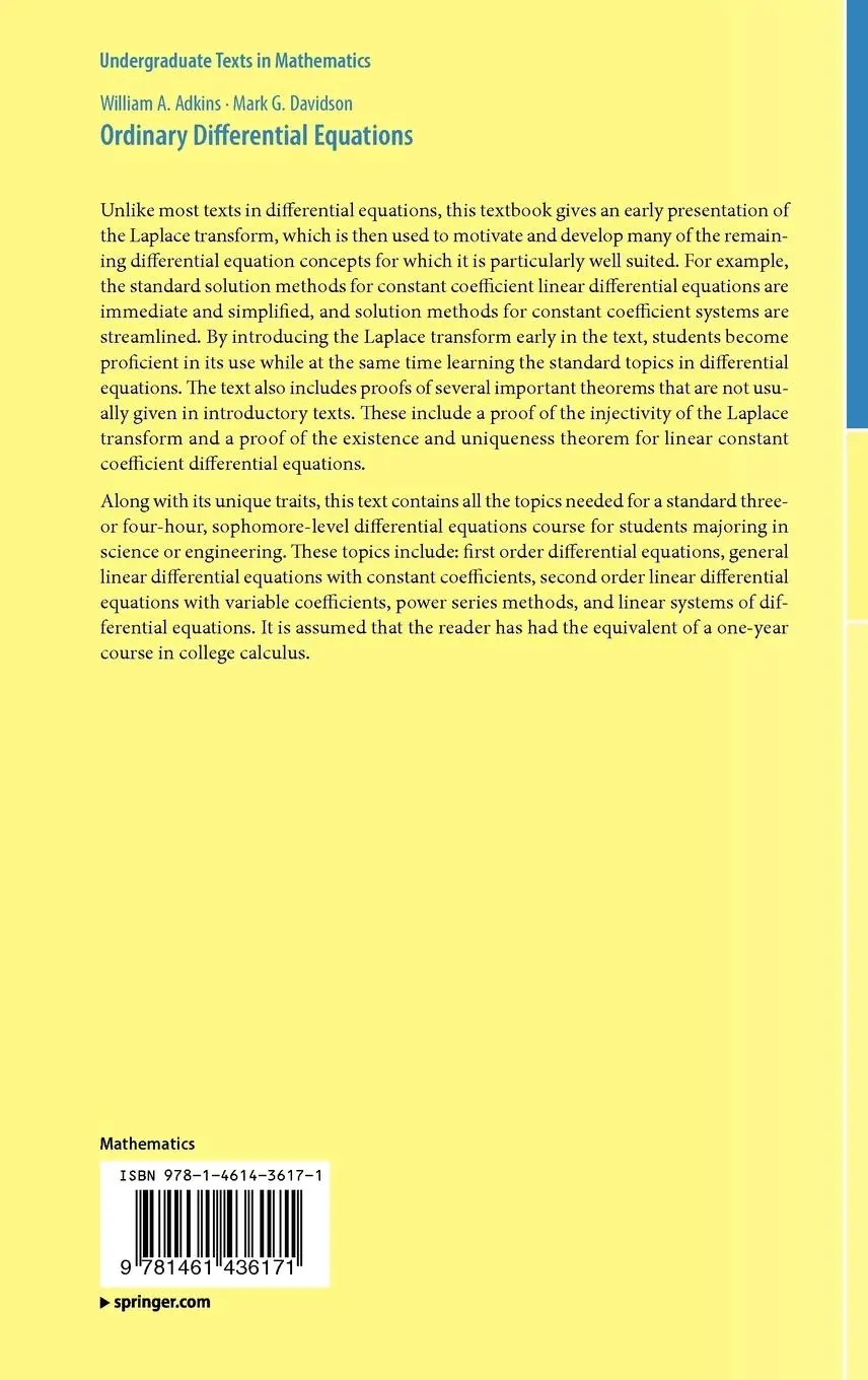 Rückseite: 9781461436171 | Ordinary Differential Equations | Mark G. Davidson (u. a.) | Buch