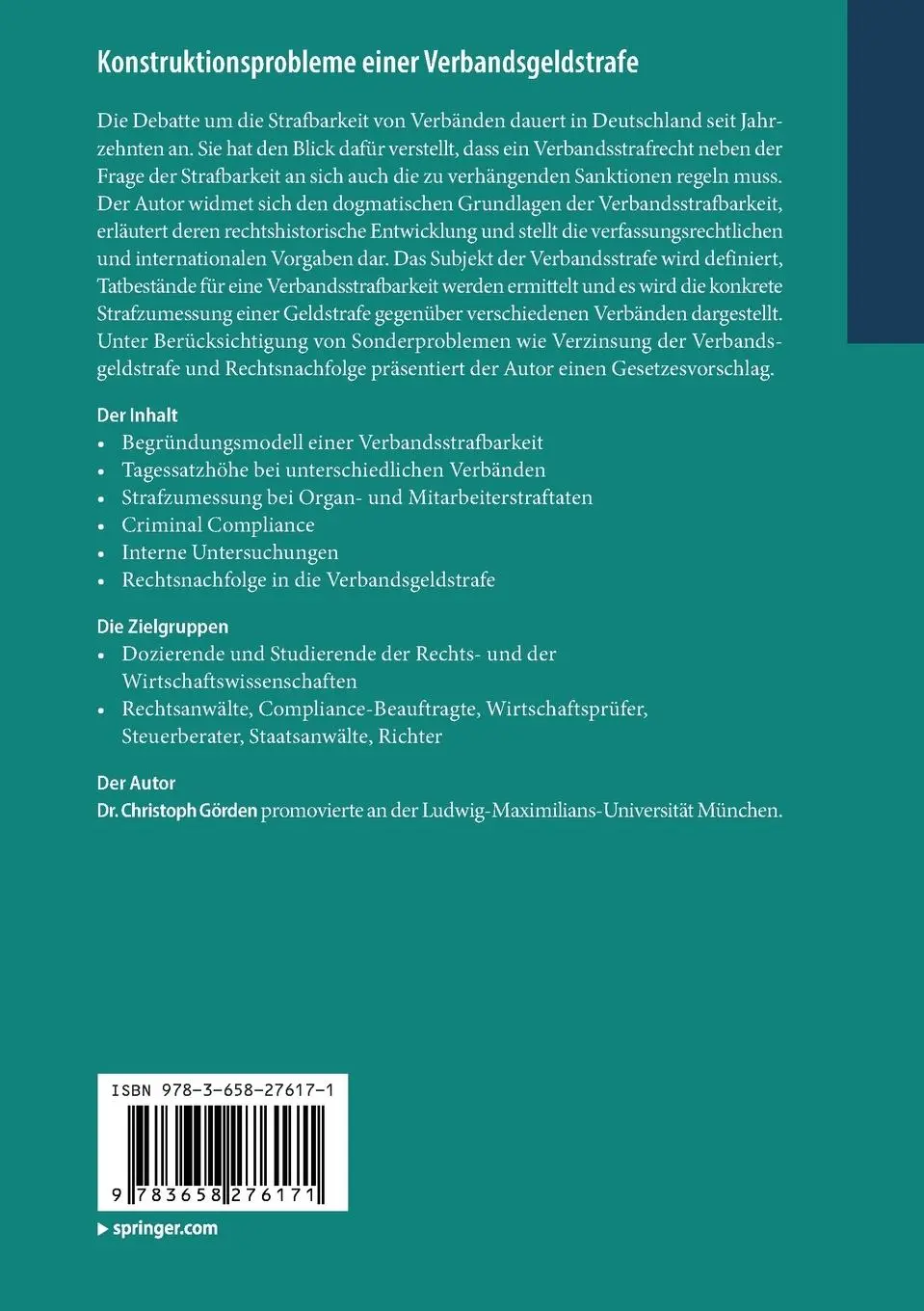 Rückseite: 9783658276171 | Konstruktionsprobleme einer Verbandsgeldstrafe | Christoph Görden