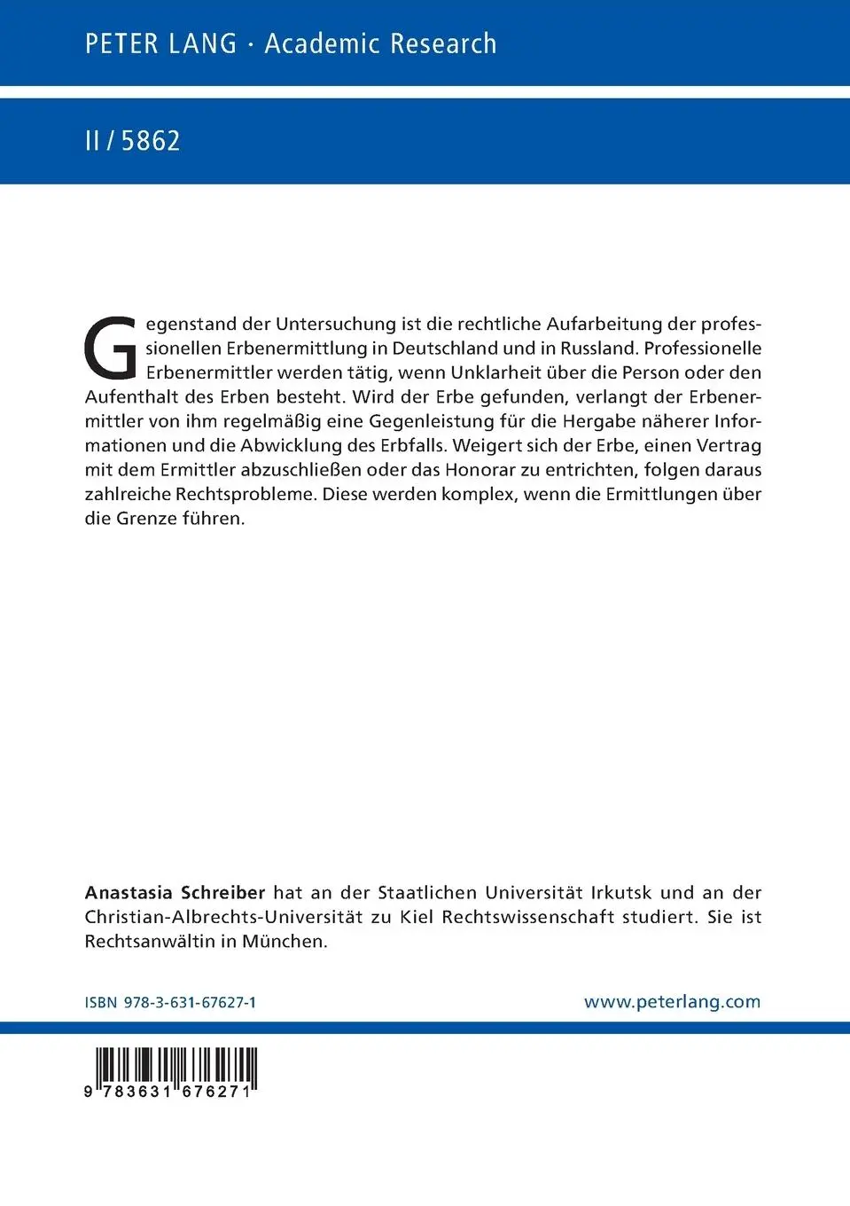 Rückseite: 9783631676271 | Der unbekannte Erbe | Anastasia Schreiber | Taschenbuch | Deutsch