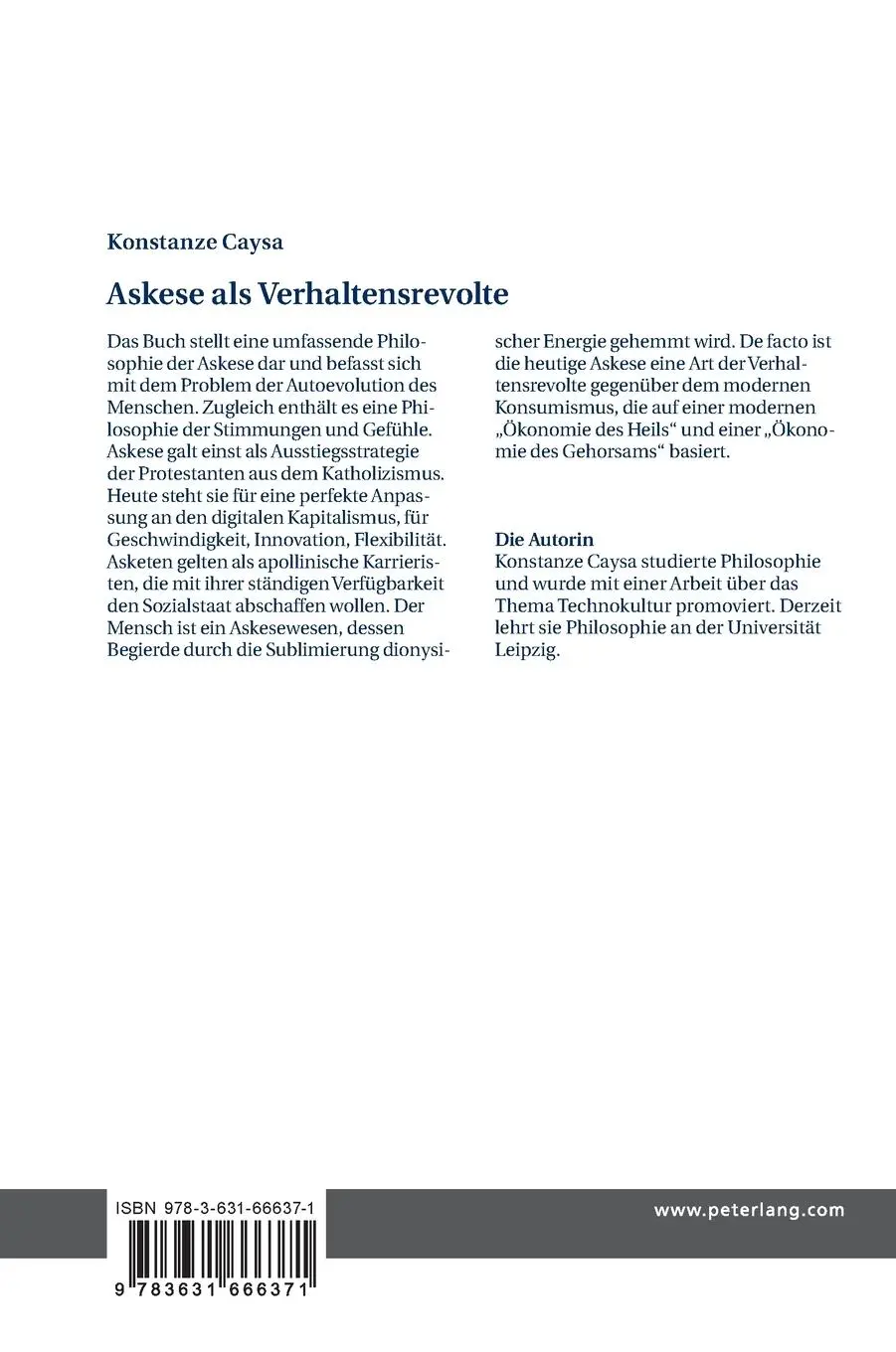 Rückseite: 9783631666371 | Askese als Verhaltensrevolte | Konstanze Caysa | Buch | Deutsch | 2015