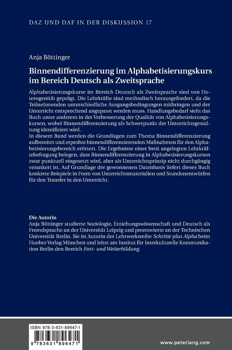 Rückseite: 9783631896471 | Binnendifferenzierung im Alphabetisierungskurs im Bereich Deutsch...