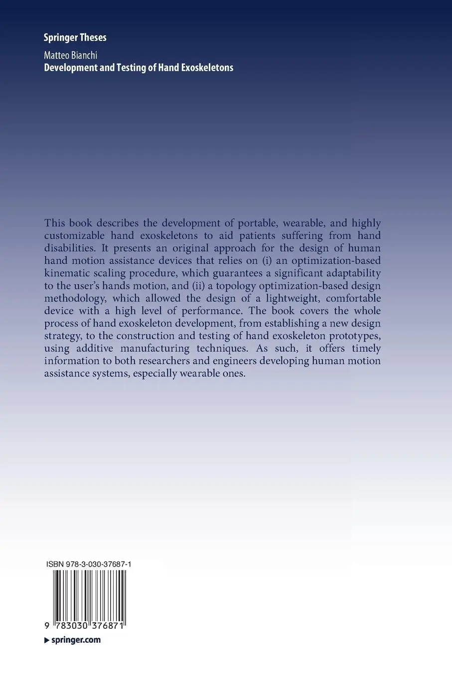 Rückseite: 9783030376871 | Development and Testing of Hand Exoskeletons | Matteo Bianchi | Buch
