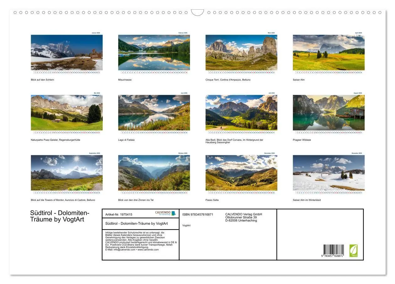 Bild: 9783457616871 | Südtirol - Dolomiten-Träume by VogtArt (Wandkalender 2026 DIN A2...