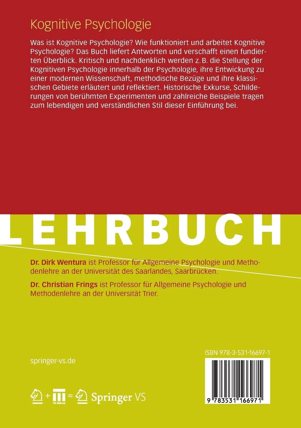 Rückseite: 9783531166971 | Kognitive Psychologie | Christian Frings (u. a.) | Taschenbuch | 2012