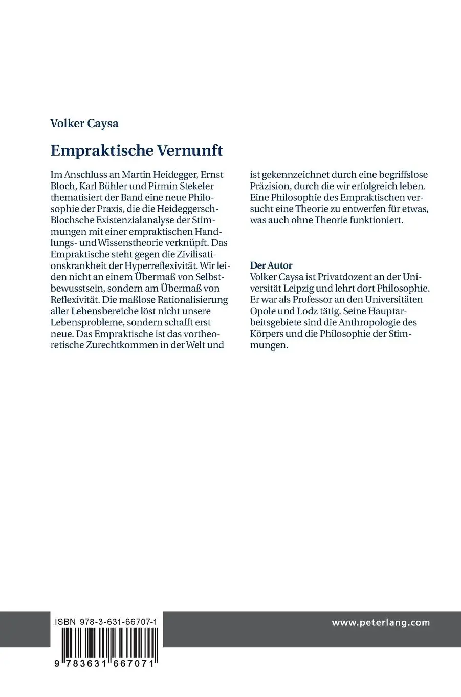 Rückseite: 9783631667071 | Empraktische Vernunft | Volker Caysa | Buch | Gebunden | Deutsch