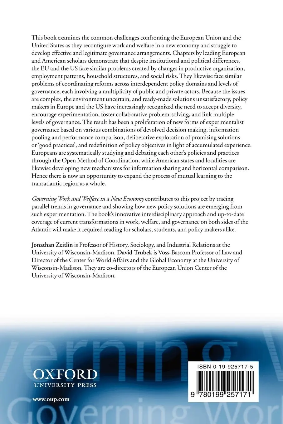 Rückseite: 9780199257171 | Governing Work and Welfare in a New Economy | Jonathan Zeitlin (u. a.)