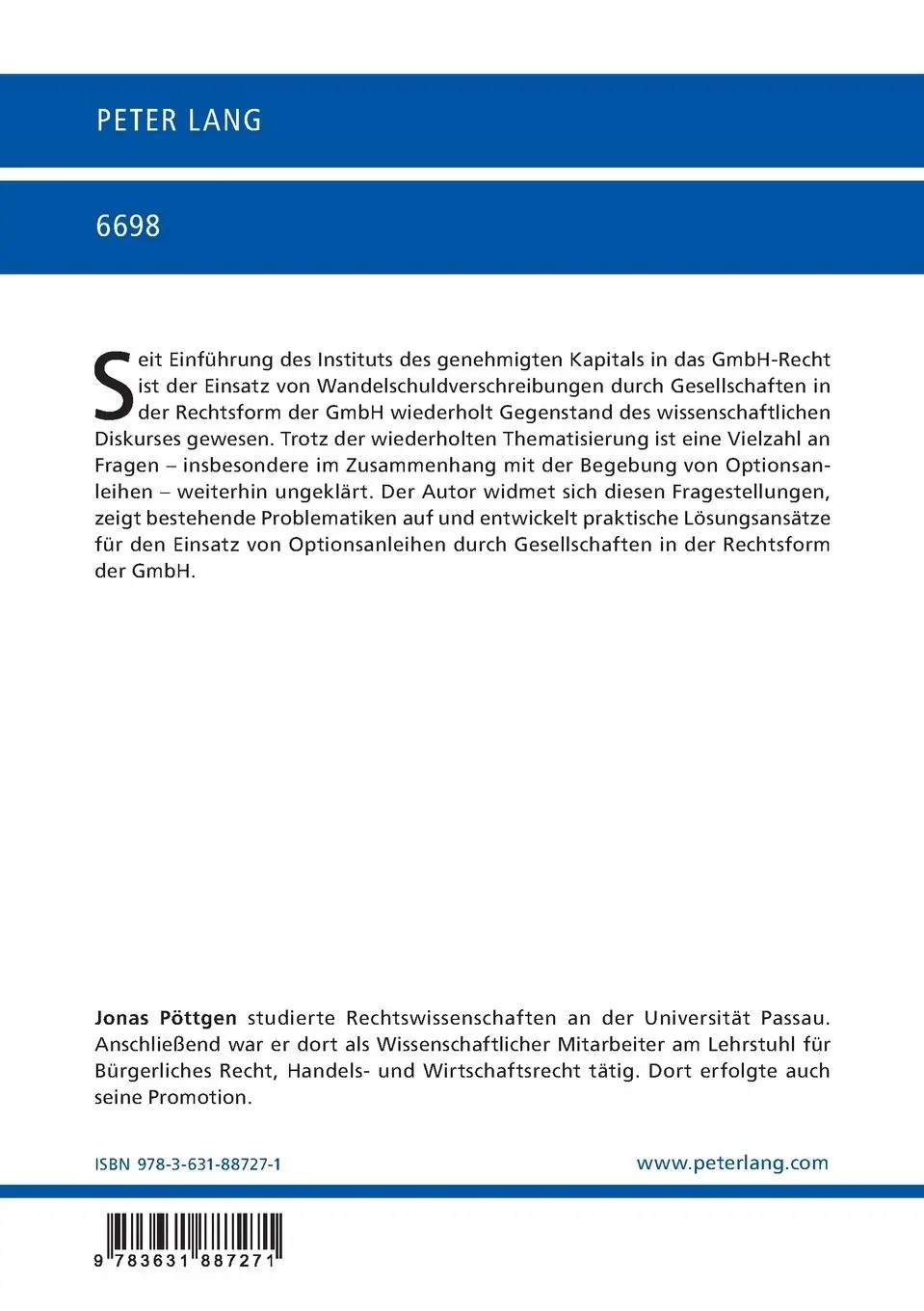 Rückseite: 9783631887271 | Optionsanleihen im Recht der GmbH | Jonas Pöttgen | Taschenbuch | 2022