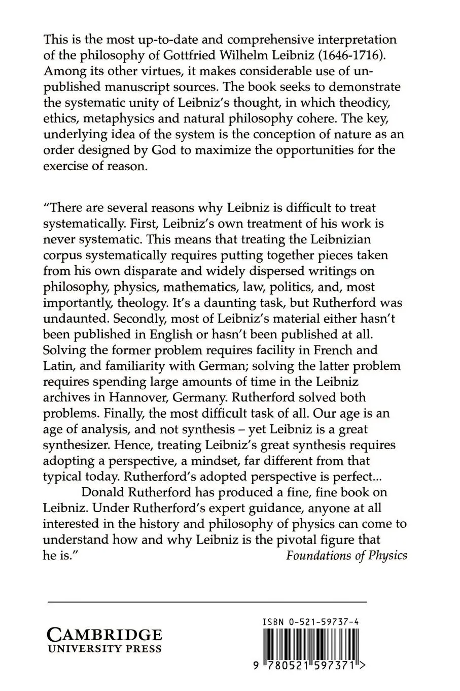 Rückseite: 9780521597371 | Leibniz and the Rational Order of Nature | Donald Rutherford | Buch