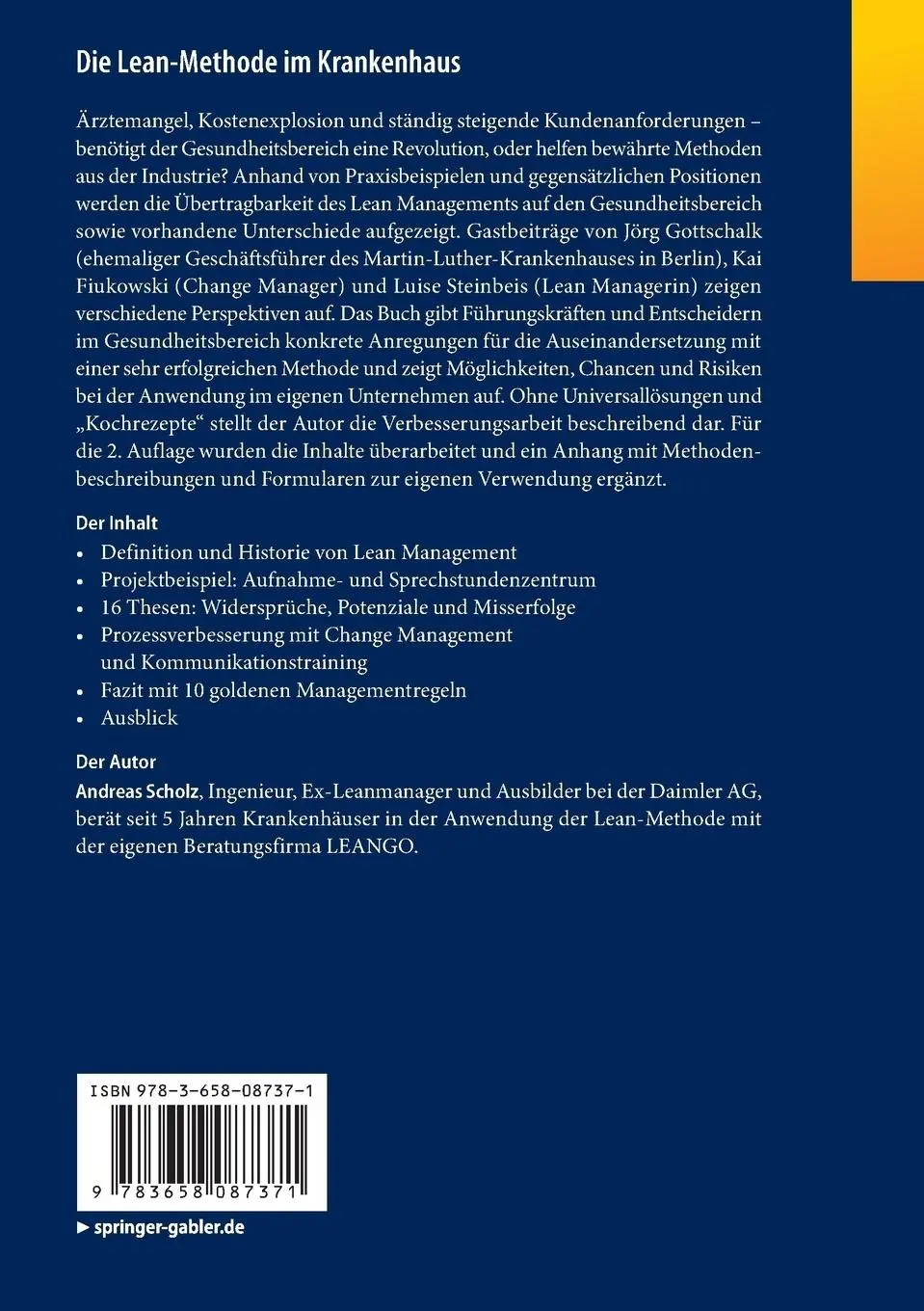 Rückseite: 9783658087371 | Die Lean-Methode im Krankenhaus | Andreas Scholz | Taschenbuch | xii