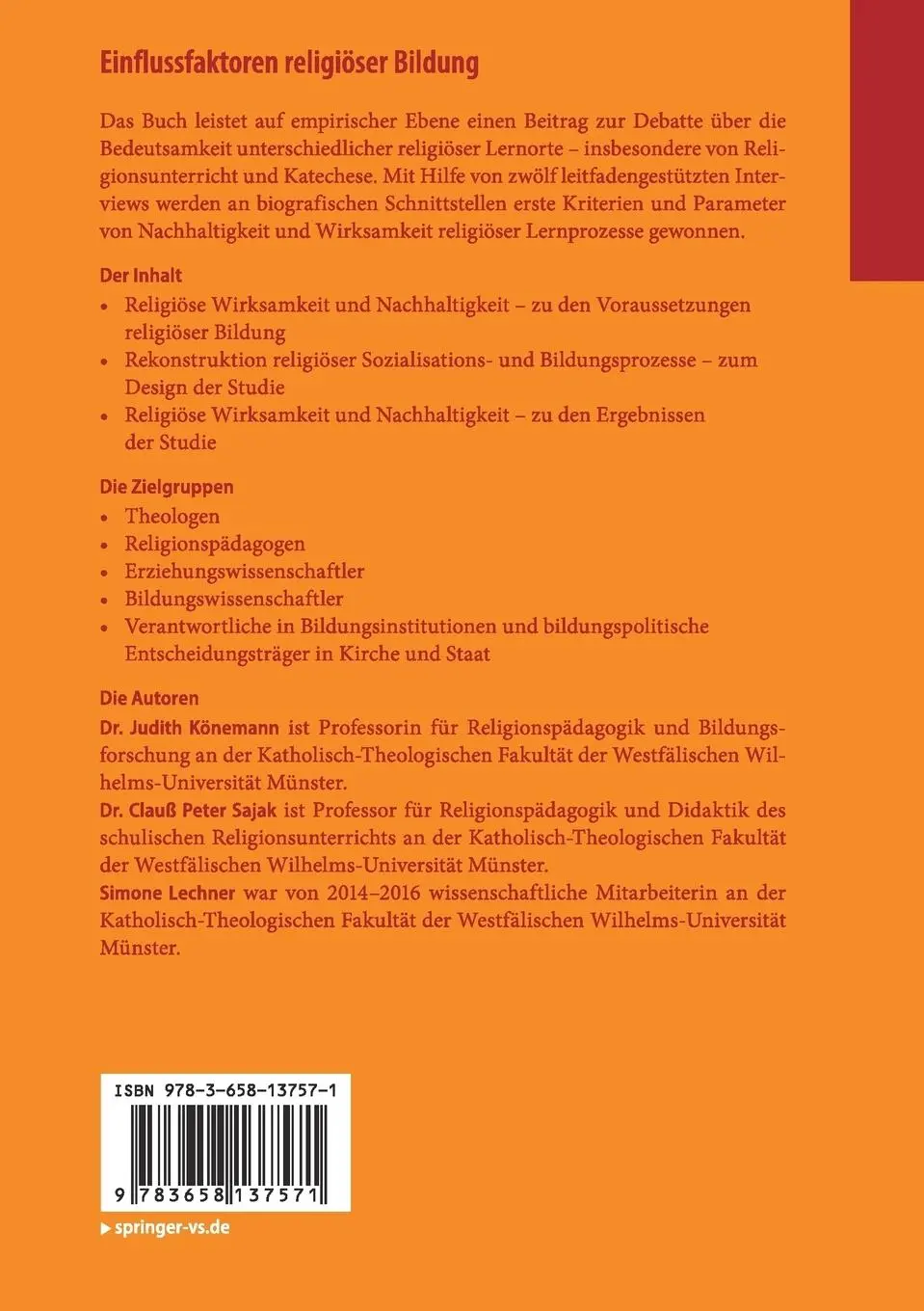 Rückseite: 9783658137571 | Einflussfaktoren religiöser Bildung | Judith Könemann (u. a.) | Buch