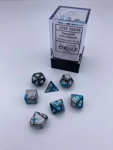 Cover: 601982037871 | Gemini® Mini-Polyhedral Steel-Teal/white 7-Die Set | Chessex