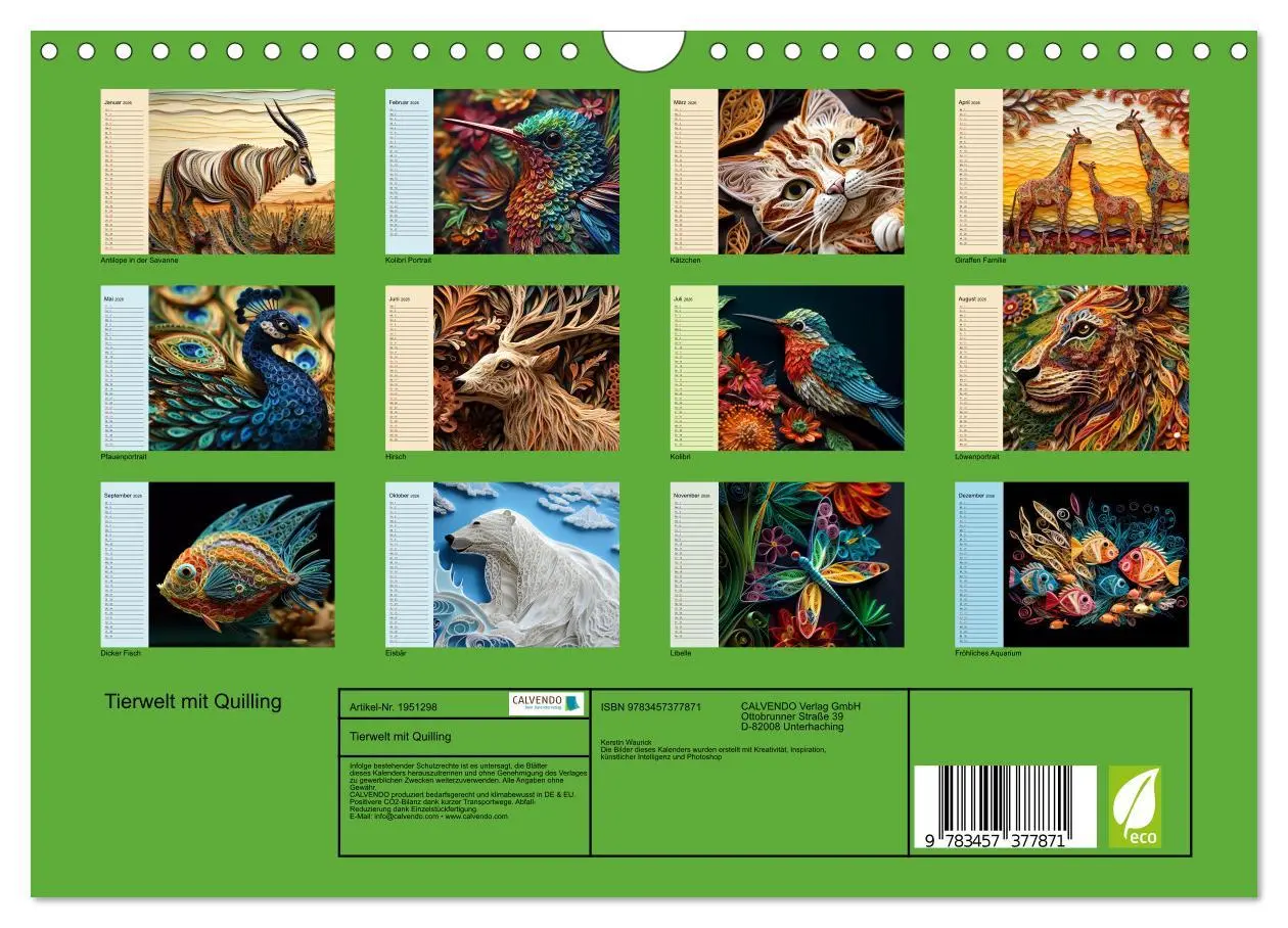 Bild: 9783457377871 | Tierwelt mit Quilling (Wandkalender 2026 DIN A4 quer), CALVENDO...
