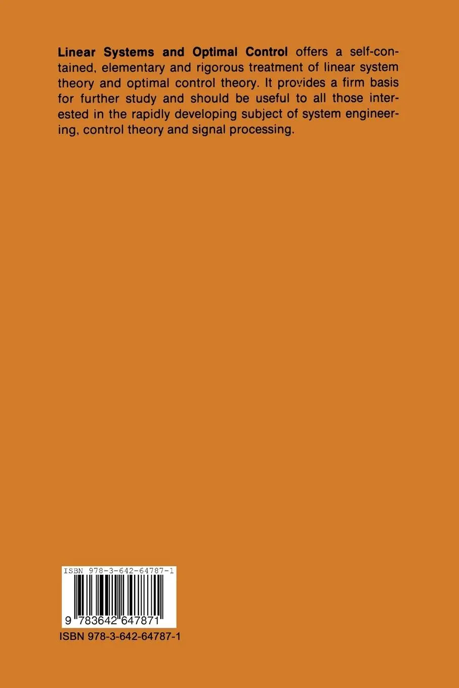 Rückseite: 9783642647871 | Linear Systems and Optimal Control | Guanrong Chen (u. a.) | Buch