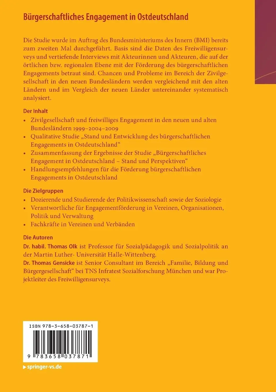 Rückseite: 9783658037871 | Bürgerschaftliches Engagement in Ostdeutschland | Thomas Olk (u. a.)