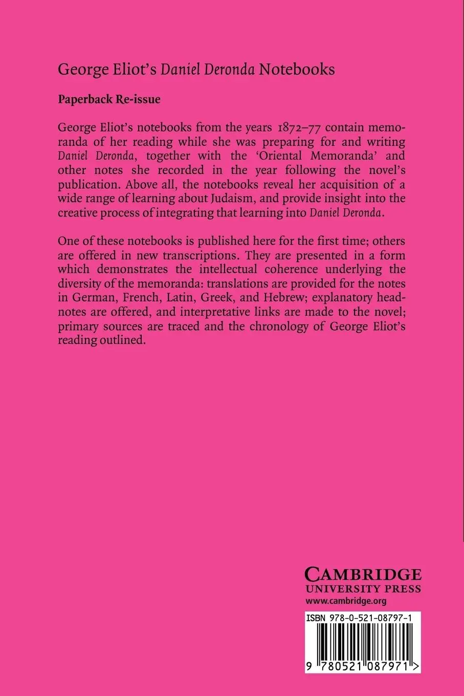 Rückseite: 9780521087971 | George Eliot's 'Daniel Deronda' Notebooks | George Eliot | Taschenbuch