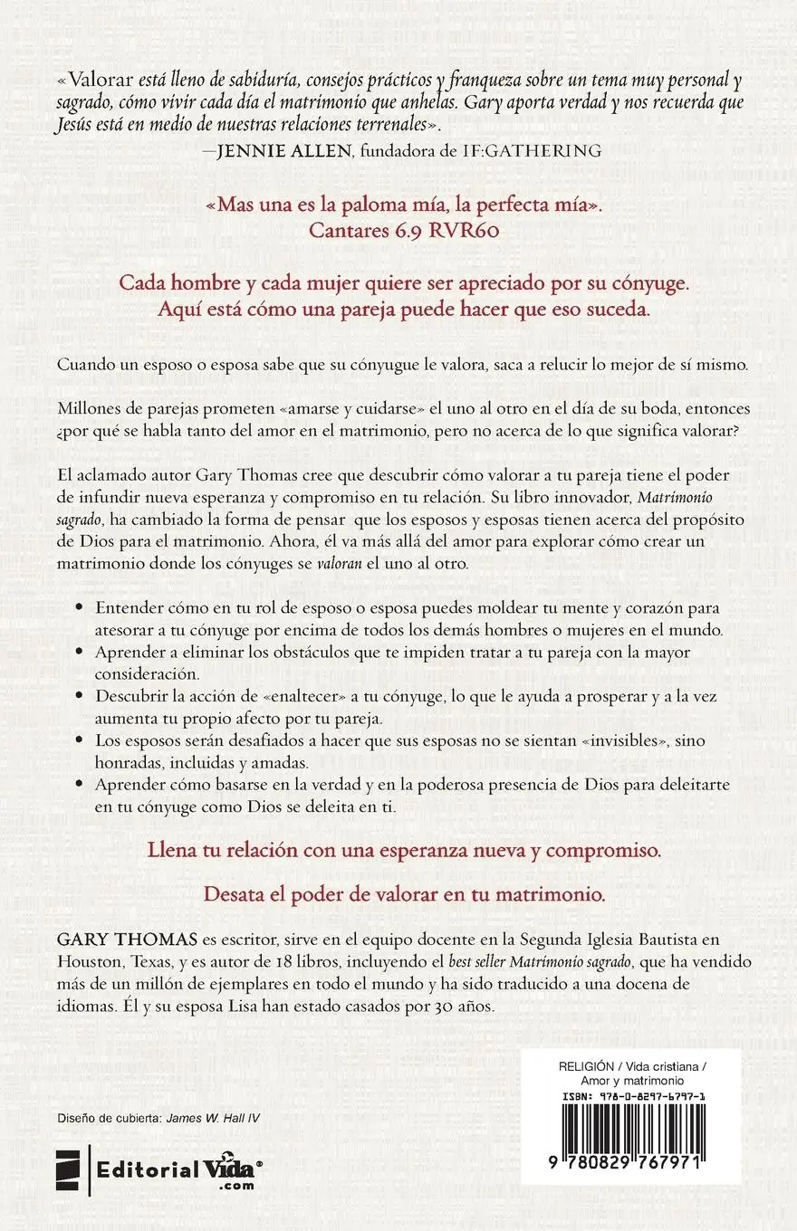 Rückseite: 9780829767971 | Valorar | La Palabra Que Lo Cambia Todo En Tu Matrimonio | Gary Thomas