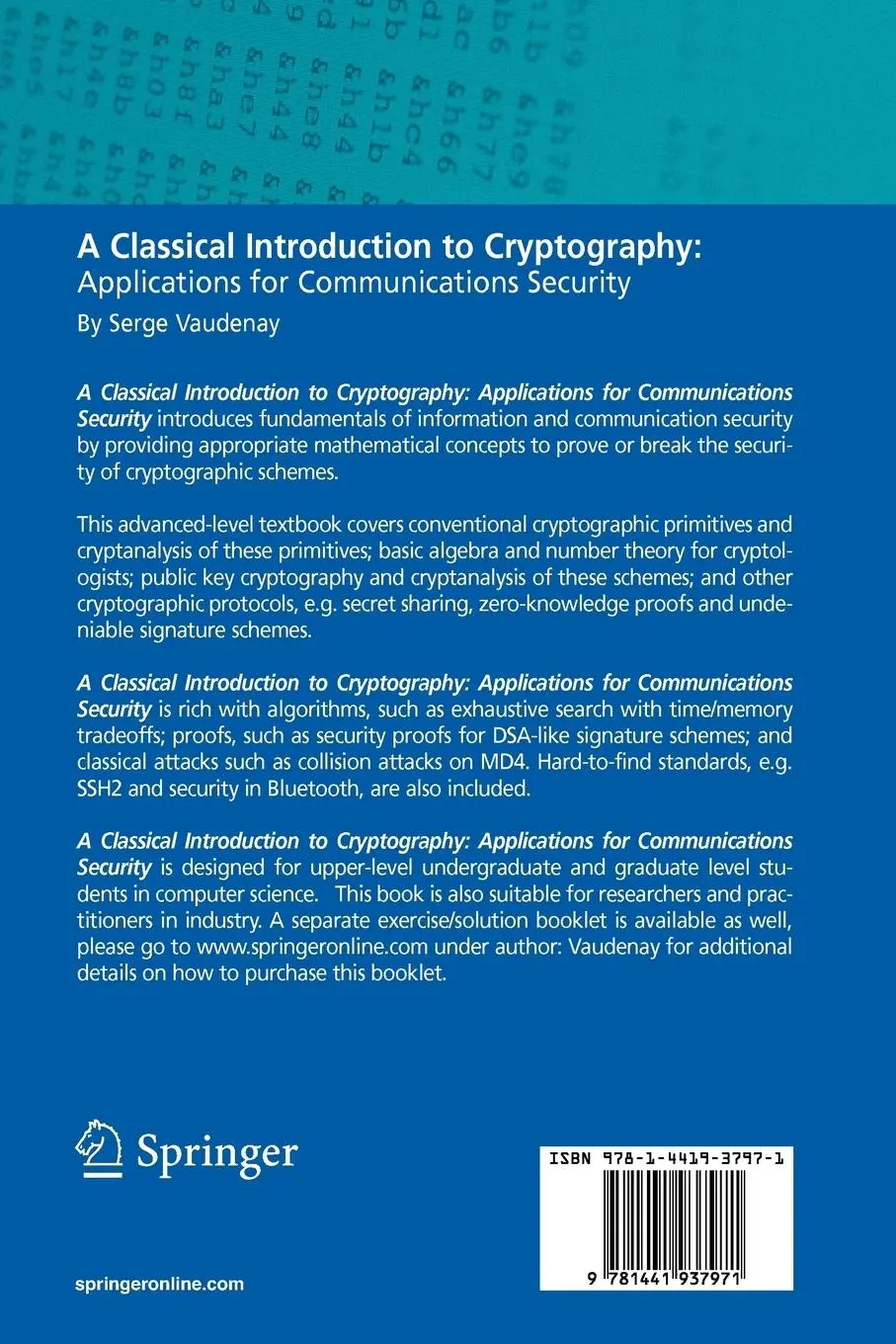 Rückseite: 9781441937971 | A Classical Introduction to Cryptography | Serge Vaudenay | Buch