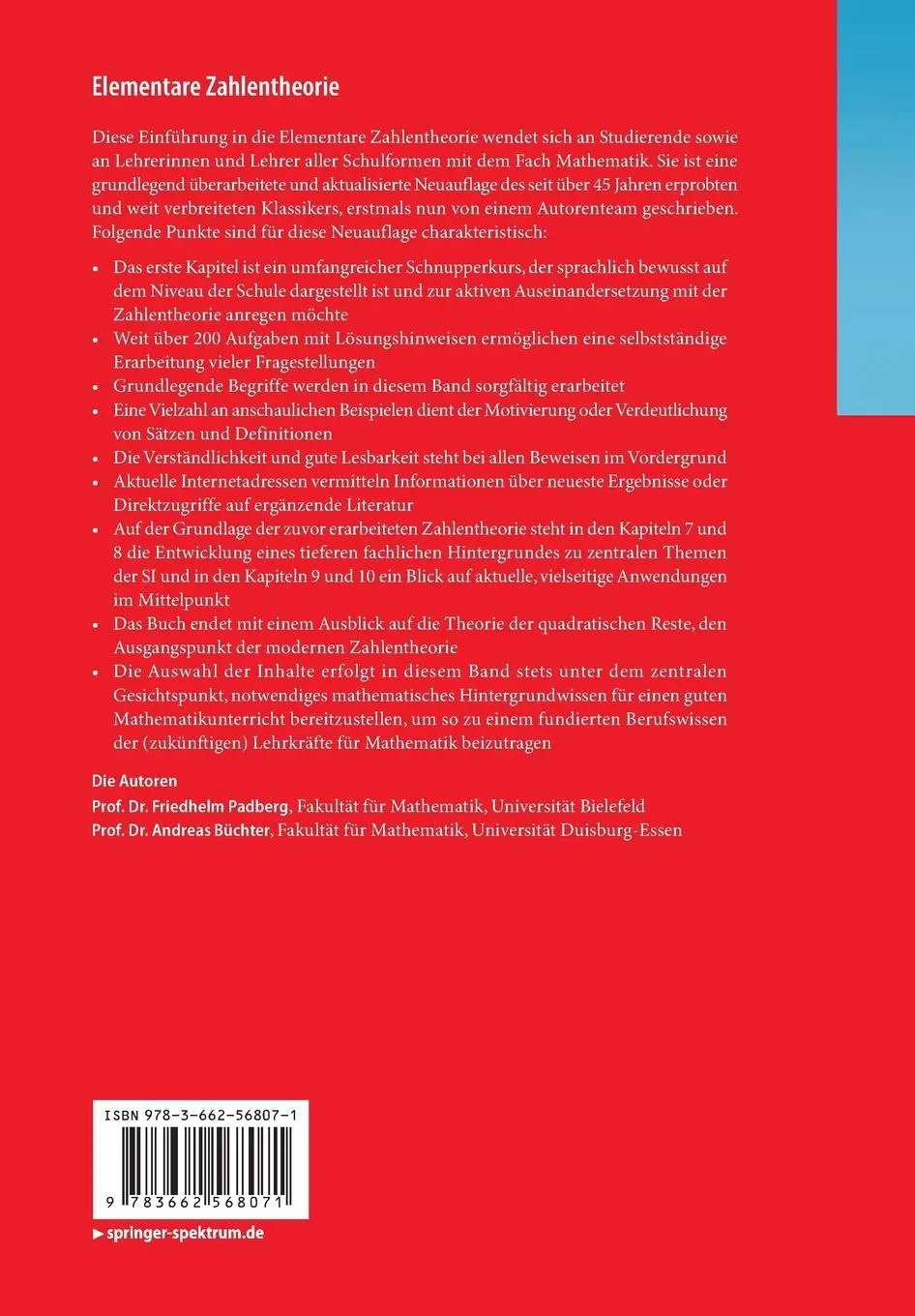 Rückseite: 9783662568071 | Elementare Zahlentheorie | Friedhelm Padberg (u. a.) | Taschenbuch
