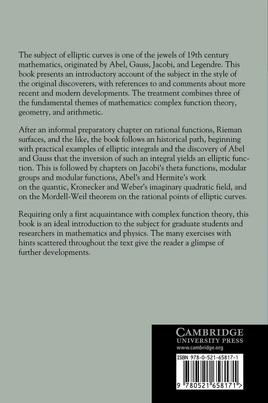 Rückseite: 9780521658171 | Elliptic Curves | Function Theory, Geometry, Arithmetic | Taschenbuch
