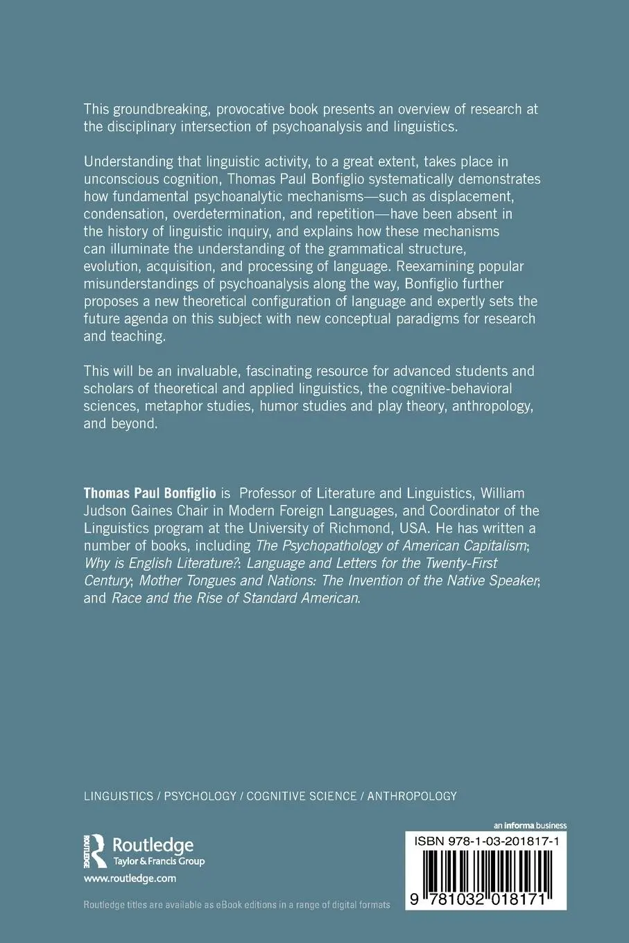 Rückseite: 9781032018171 | Linguistics and Psychoanalysis | Thomas Paul Bonfiglio | Taschenbuch